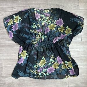 Y2K Black Sheer Floral Flutter Sleeve Boho Blouse Poetry Clothing Size S